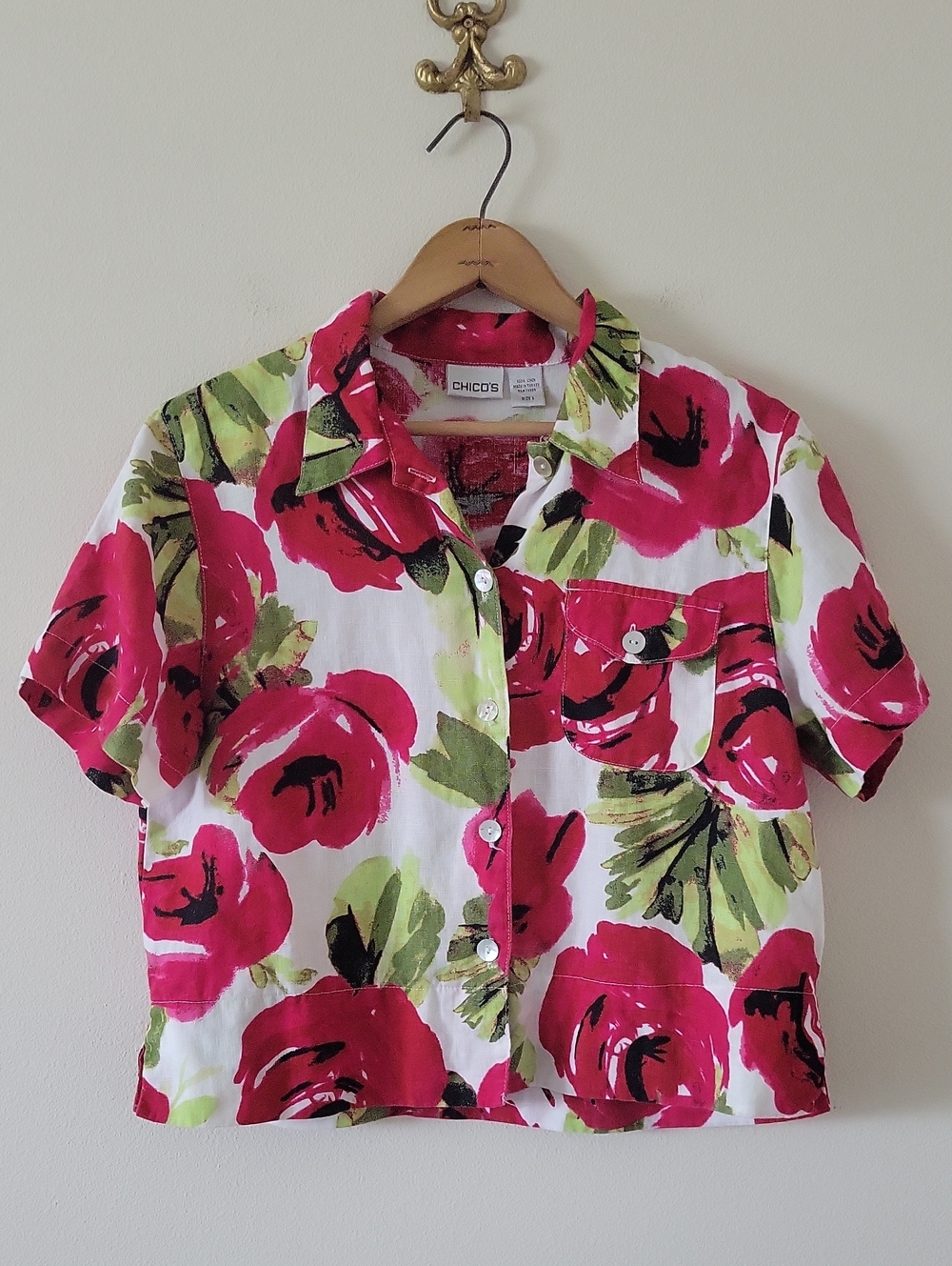 Chico's‎ Linen Floral Button Down Camp Shirt Size Medium
